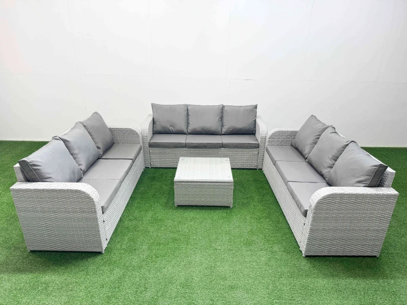 Image of Fimous PE Rattan Lounge Sofa Set 9 Seater Outdoor Garden Furniture Set with Square Coffee Table 3 Seater Sofa Light Grey Light Grey