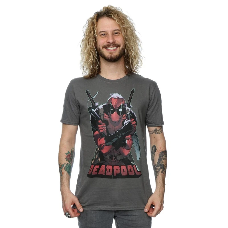 Image of Marvel Marvel Men Deadpool Ready For Action T-Shirt in Mid Grey Size: Small Mid Grey S Male 5057068042324