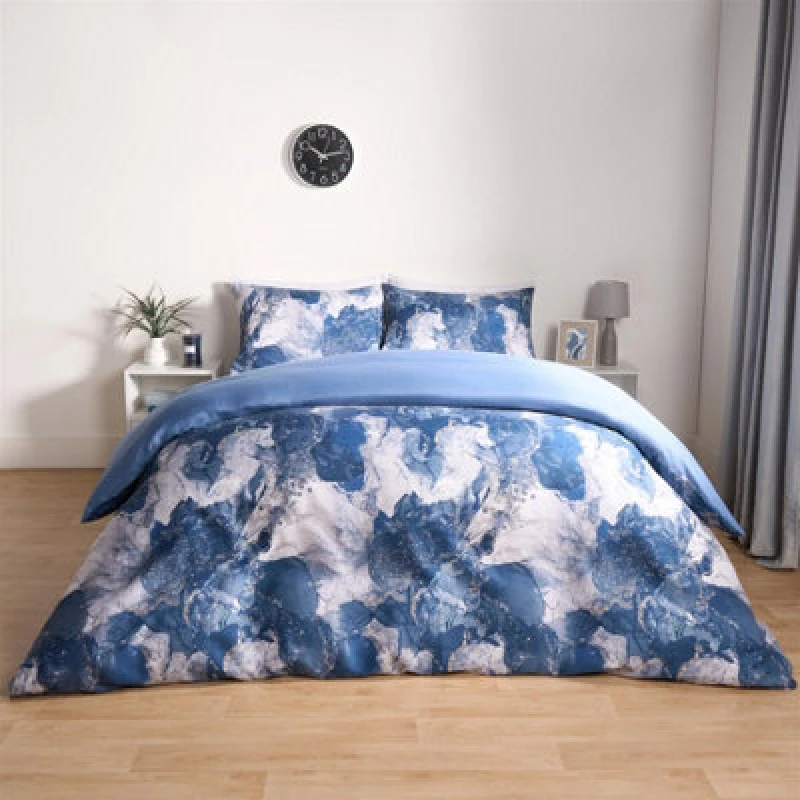 Image of OHS OHS Marble Duvet Cover Set Quilt Bedding Reversible in Dark Navy Size: Double Dark Navy Double Unisex 5027434199839