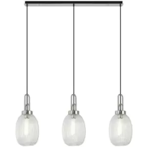 Image of Luminosa Acree Linear 3 Light Ceiling Pendant E27 With 20cm Almond Ribbed Glass, Clear Polished Nickel, Matt Black