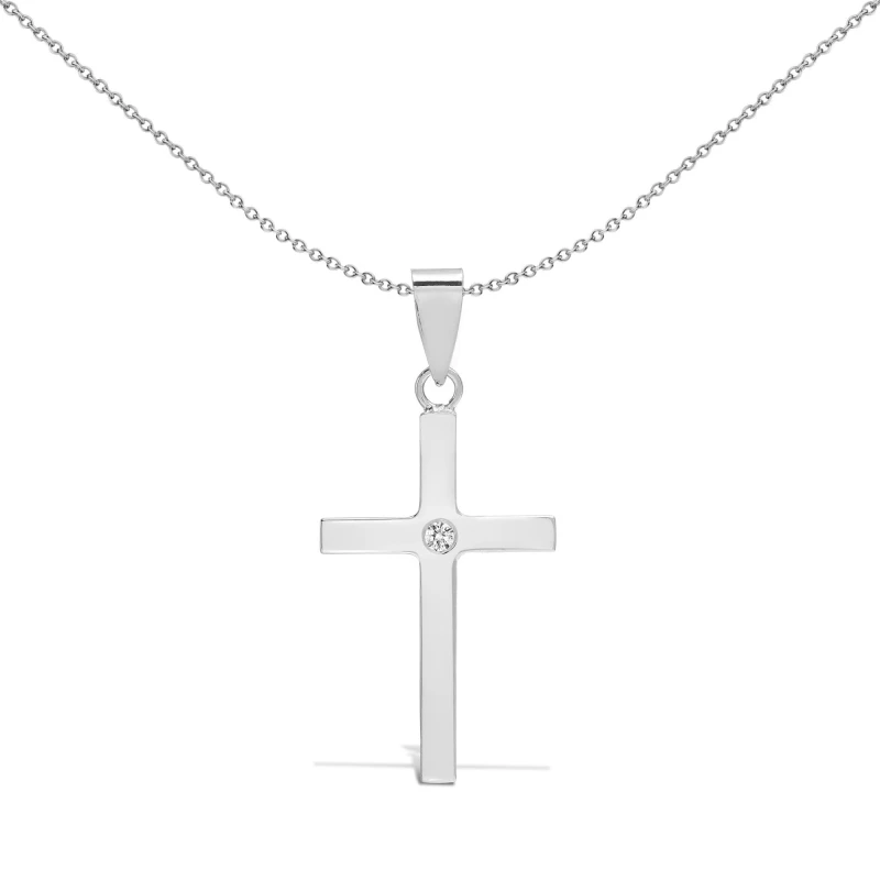 Image of Jewelco London 9ct White Gold 0.03ct Diamond Solitaire Cross Pendant - 9X084 Silver