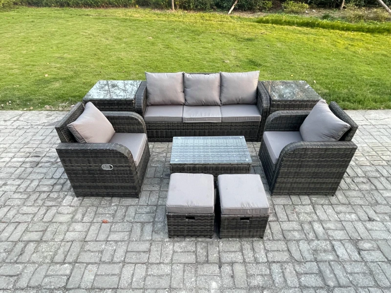 Image of Fimous 7 Seater Rattan Garden Furniture Set Patio Outdoor Lounge Sofa Set with Rectangular Coffee Table 2 Small Footstools Dark Grey