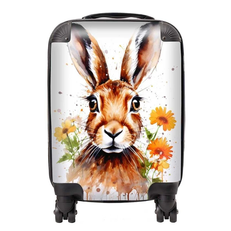 Image of Warren Reed - Designer Watercolour Hare & Daisies Suitcase in Orange Size: Small Orange Unisex Small