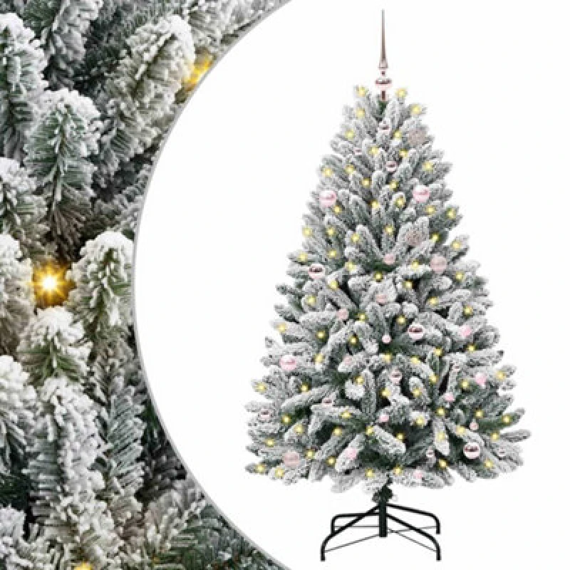 Image of vidaXL Artificial Christmas Tree with Pink Balls Green and White 150cm PVC and Metal, Green 3395741