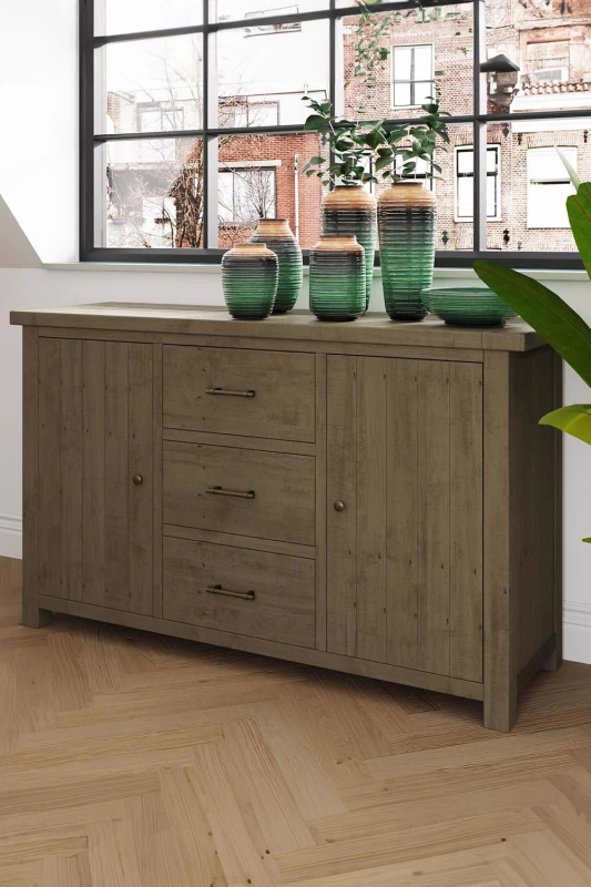 Image of FWStyle 3 Drawer 2 Door Large Sideboard Solid Natural Reclaimed Pine Handmade Brown