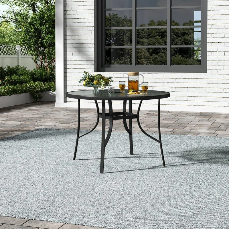 Image of Breeins Tempered Glass Round Table with Umbrella Hole - Black L