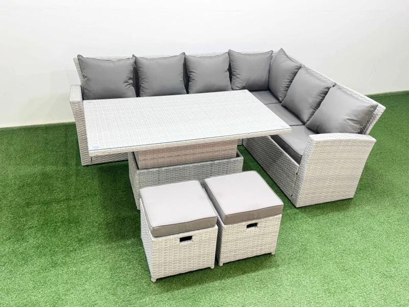 Image of Fimous 8 Seat Rattan Garden Furniture Corner Sofa Set with Chair Footstools in Light Grey Light Grey Unisex