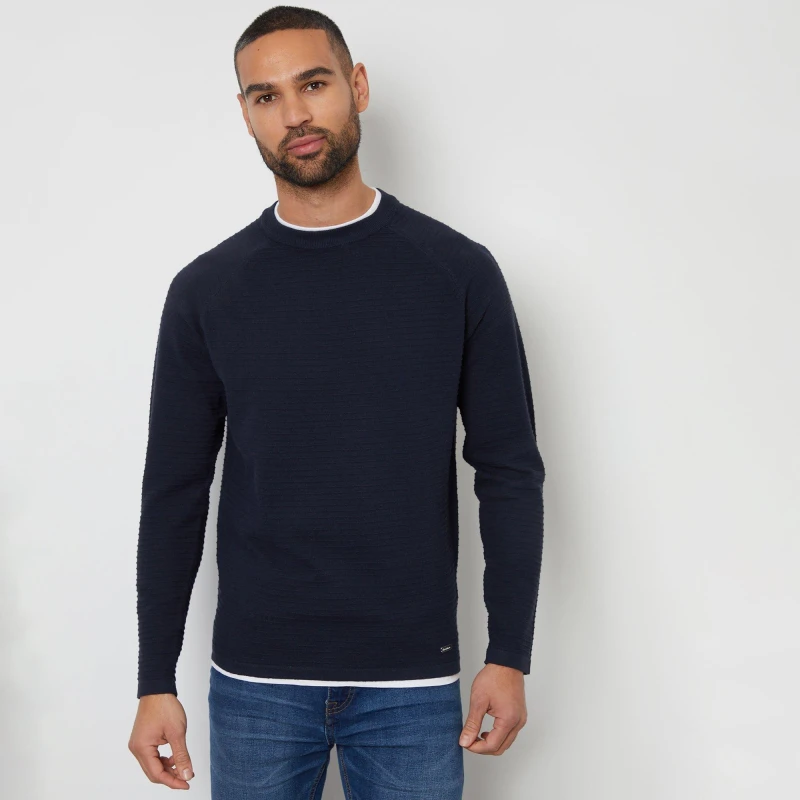 Image of Threadbare Textured Mock T-Shirt Crew Neck Jumper Navy