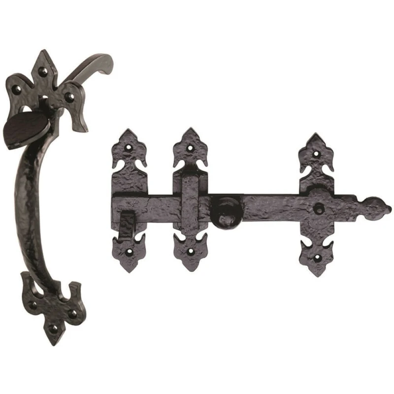Image of Loops Ornate Suffolk Thumb Latch Door Handle Set for Outdoor Gates Black Antique Black