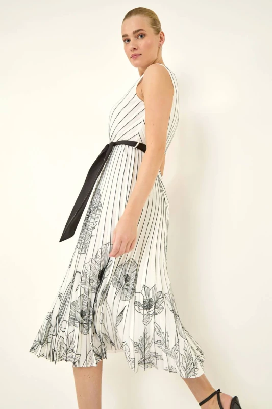 Image of Roman Womens Border Print Pleated Midi Dress in Ivory Size: 10 Ivory Female 10