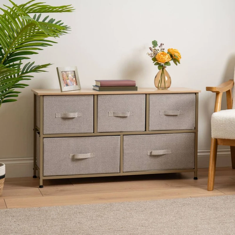 Image of Scottish Everlastings Ltd 5 Drawer Beige Cabinet with Beige Fabric Drawers Beige Unisex