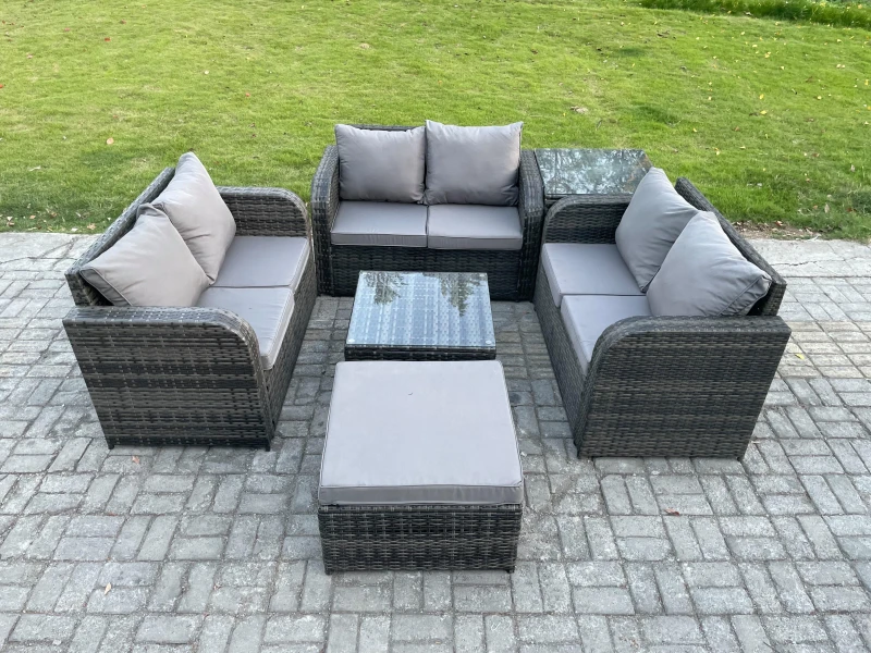 Image of Fimous Outdoor Garden Furniture Sets 7 Seater Wicker Rattan Furniture Sofa Sets with Square Coffee Table Love seat Sofa Footstool Dark Grey