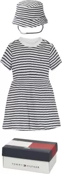 Image of Tommy Hilfiger Newborn Stripe Hat And Dress Set In Twilight Navy - Size 3-6 Months