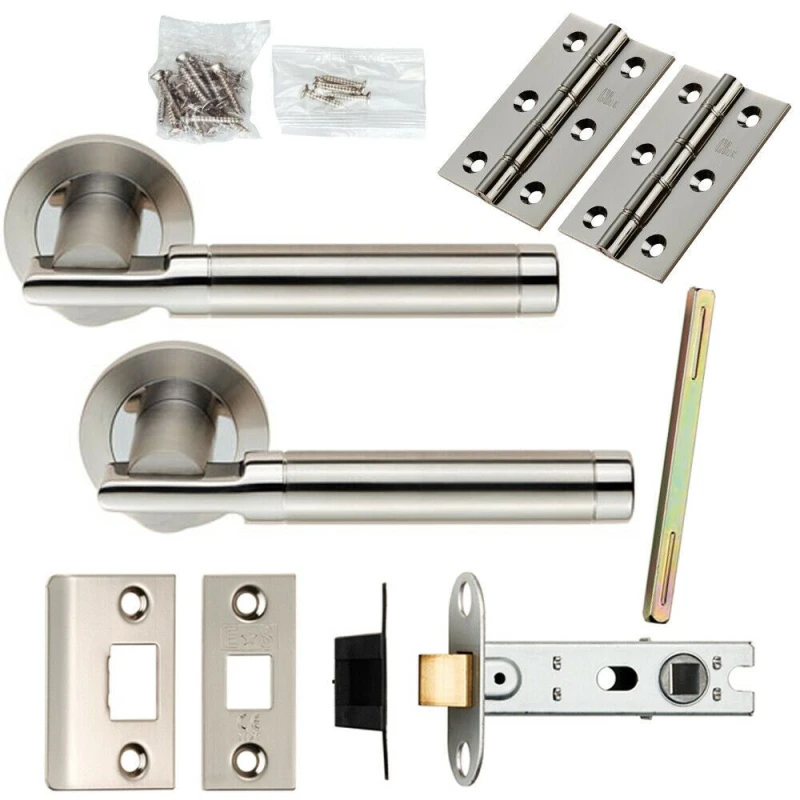 Image of Loops Door Handle & Latch Pack Polished & Satin Steel Round Bar Screwless Rose Metallics
