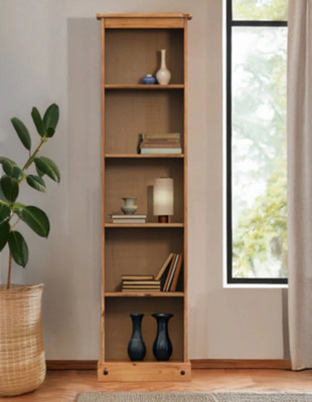 Image of Mercers Furniture Corona Tall Narrow Bookcase Slim Large Display Storage Solid Wood Pine With Mexican Styling Wooden