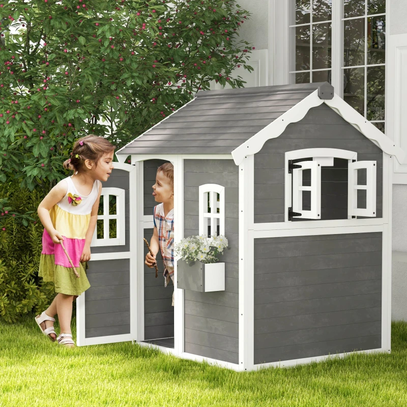 Image of Outsunny Wooden Playhouse with Floors for Ages 3-8 Years, for Gardens, Lawns, Patios Grey