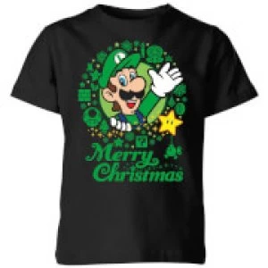 Image of Nintendo Super Mario Luigi White Wreath Merry Christmas Kid's T-Shirt - Black - 9-10 Years