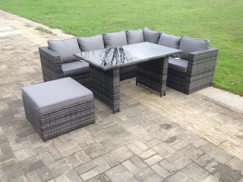 Image of Fimous 7 Seater Rattan Corner Sofa Set Rectangular Dining Table Set With Seat And Back Cushion Dark Grey