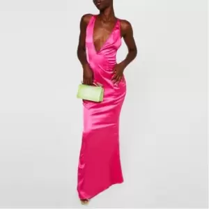 Image of Missguided Plunge Neck Satin Fishtail Maxi Dress - Pink