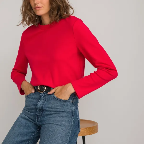 Image of Cotton Crew Neck T-Shirt with Long Sleeves