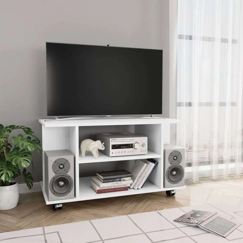 Image of vidaXL TV Cabinet with Castors 4 Open Shelf White Engineered Wood Cabinet