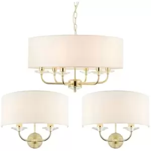 Image of 6 Bulb Ceiling Pendant Lamp & 2x Matching Twin Wall Light Modern Brass Plate