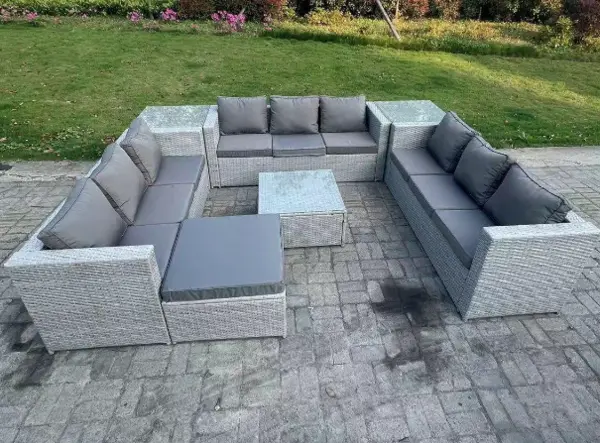 Image of Fimous 9 Seater Outdoor Light Grey Rattan Lounge Complete Sofa Set with Side Table and Big Footstool