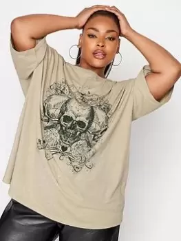 Image of Yours Boxy Tee Acid Wash Grunge Skull. Neutral, Natural, Size 20, Women
