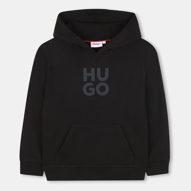 Image of Hugo Kids Logo Cotton Pull Over Hoodie Black 09B male 12Y