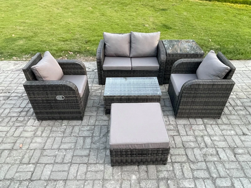 Image of Fimous 6 PC Outdoor PE Rattan Garden Furniture Set Wicker Love Sofa Coffee Table 2 Armchair Big Footstool Side Table Dark Grey