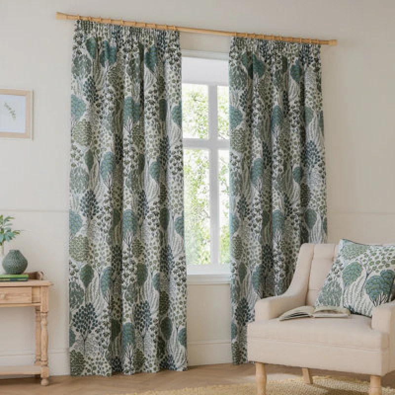 Image of Wylder Ophelia Jacquard Floral Room Darkening Pencil Pleat Curtain Pair Thyme/mineral (W)229Cm X (D)229Cm