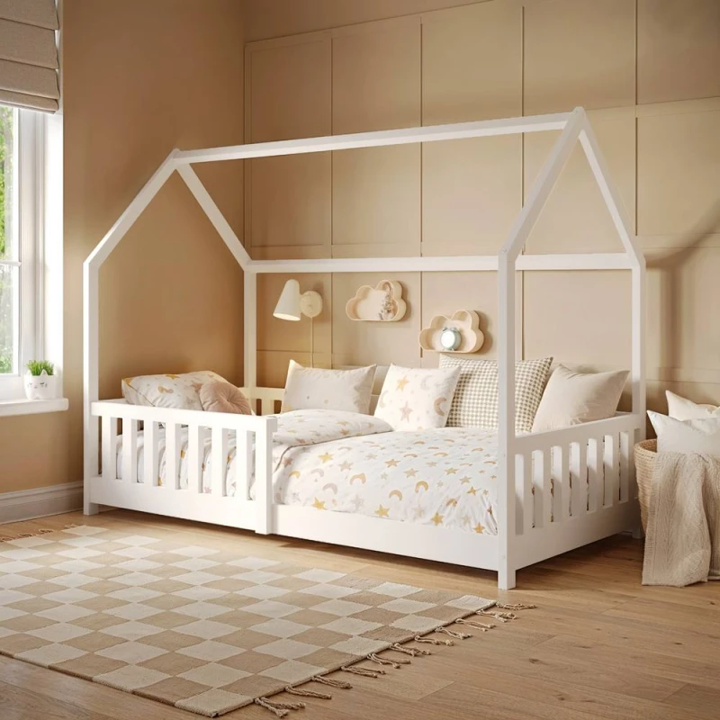 Image of Flair Explorer Wooden Playhouse Bed with Rails in White Size: Single White Unisex Single