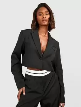 Image of Boohoo Crop Tailored Blazer - Black, Size 12, Women