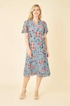 Image of Blue Floral Pleated Wrap Midi Dress