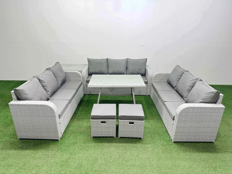 Image of Fimous 11 Seat PE Rattan Garden Furniture with Side Table 2 Small Stools in Light Grey Light Grey Unisex