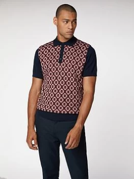 Image of Ben Sherman Pattern Front Polo - Dark Navy/Patterned, Dark Navy, Size S, Men