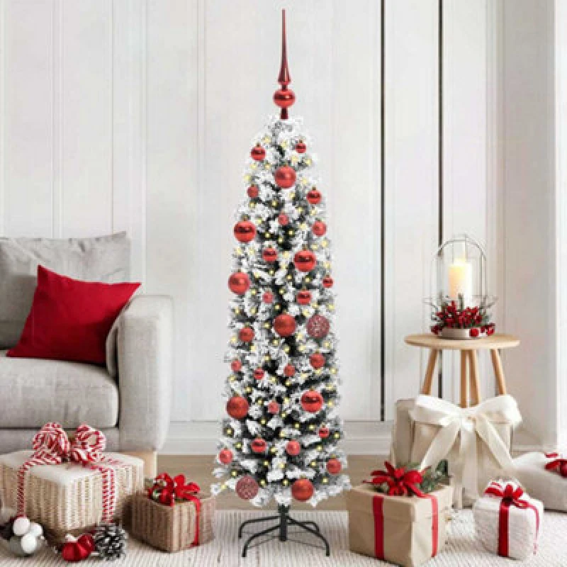 Image of vidaXL Artificial Christmas Tree with 150 LEDs, Red Balls, Flocked Snow with Stand Green 150 cm, Green 3395005