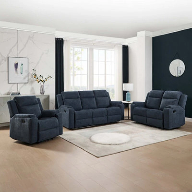 Image of More4Homes Orka 1+2+3 Seater Fabric Manual Recliner Sofa Set Blue