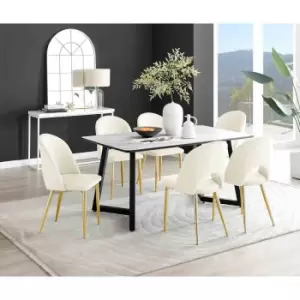 Image of Furniture Box Carson White Marble Effect Dining Table and 6 Cream Arlon Gold Leg Chairs