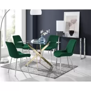 Image of Furniturebox Leonardo 120cm Modern Glass And Gold Metal Leg Dining Table And 4 Green Pesaro Velvet Silver Chrome Leg Dining Chairs