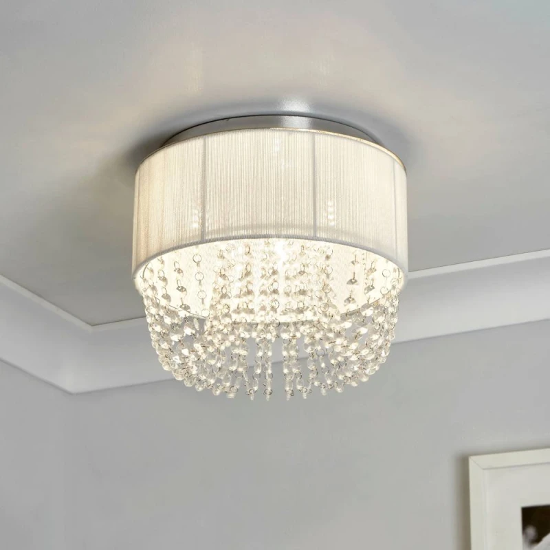 Image of Lighting Collection Luxury Drum-Shade with Crystal Cascades in White White Unisex