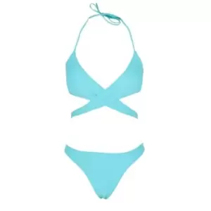 Image of Missguided Cross Over Bikini Top and High Leg Bottom Bikini Set - Blue
