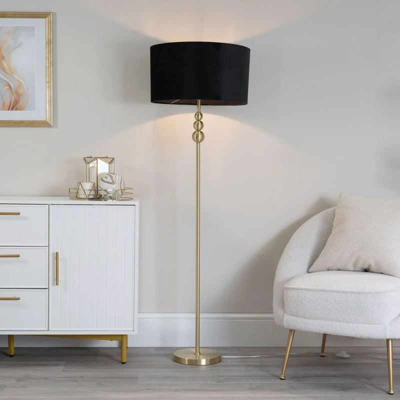 Image of ValueLights ValueLights Marissa Velvet Drum Shade with Brushed Gold Stacked Floor Lamp with LED Bulb in Black One Size Unisex 5059406051784