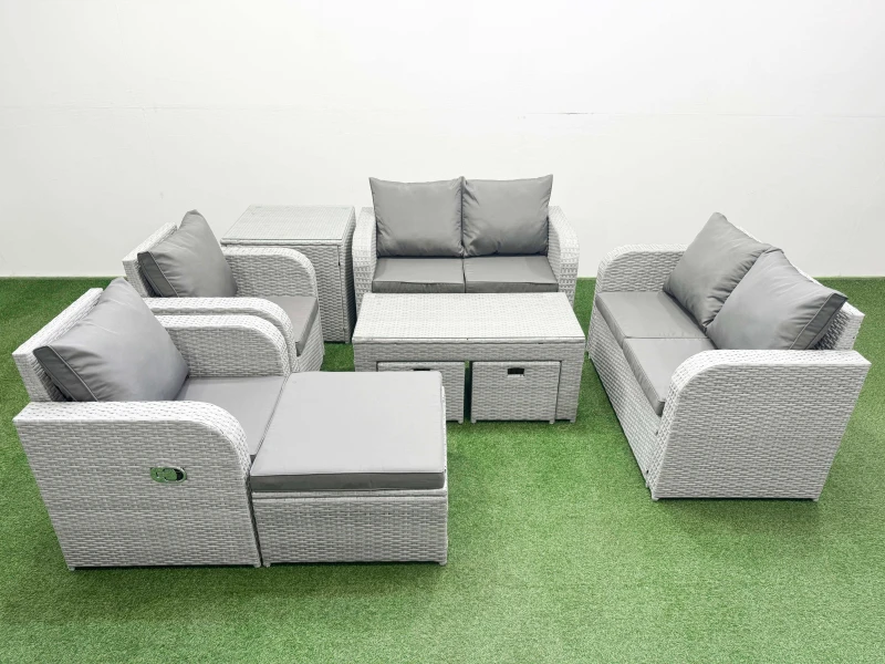 Image of Fimous 9 Seater Outdoor Reclining Chair Love Sofa Set Rattan Garden Furniture Set with Oblong Coffee Table 3 Stools Side Table Light Grey Light Grey