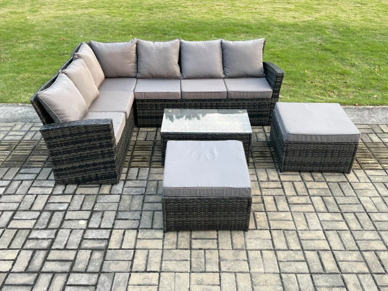 Image of Fimous 8 Seater High Back Outdoor Garden Furniture Set Rattan Corner Sofa Set With Big Footstool Dark Grey Mixed Dark Grey