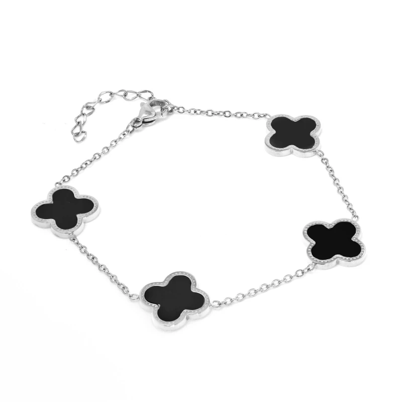 Image of Say It With Clover Bracelet Silver & Black Size: 7.5cm Silver Unisex 7.5 cm