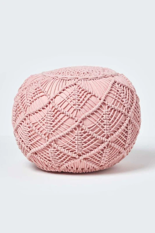 Image of Homescapes Macrame Knitted Pouffe 35 x 40cm Pink