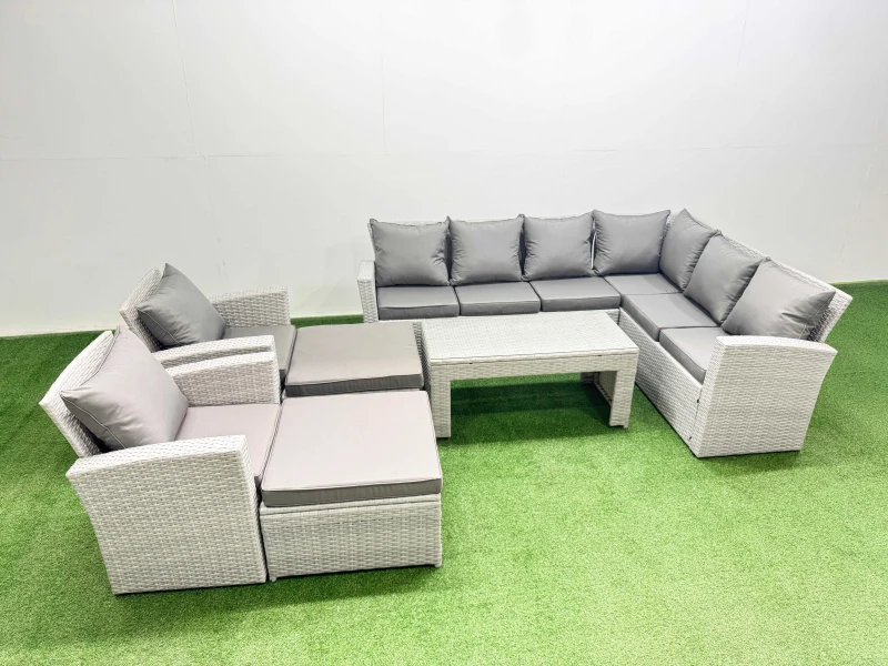 Image of Fimous Rattan Furniture Set 7 Pieces Outdoor Sofa Coffee Table Set 2 Chairs in Light Grey Light Grey Unisex