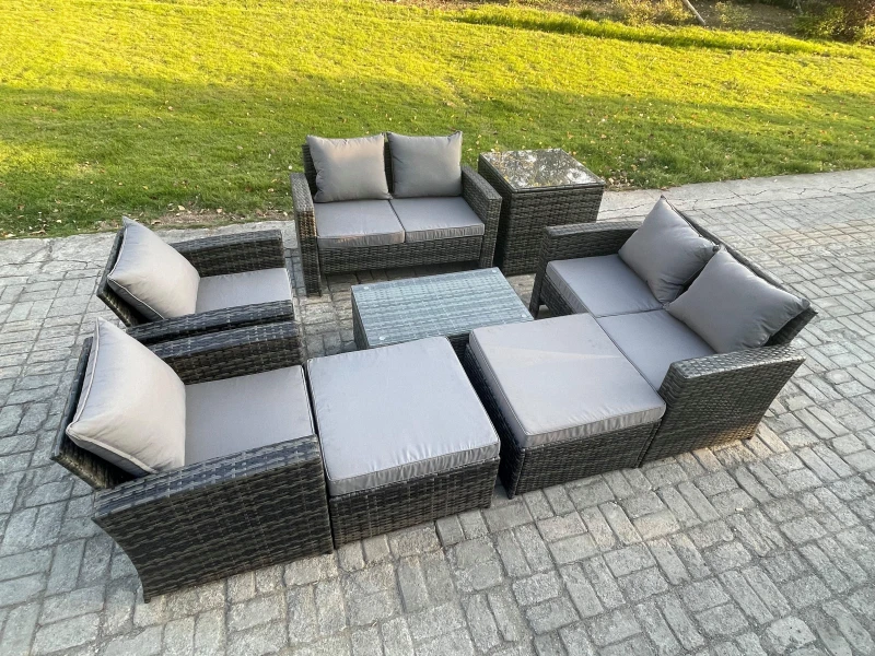 Image of Fimous Garden Furniture Sets 8 Pieces Outdoor Rattan Furniture Manual Wicker Patio Sofa Chair Set with Coffee Table in Dark Grey Dark Grey Unisex