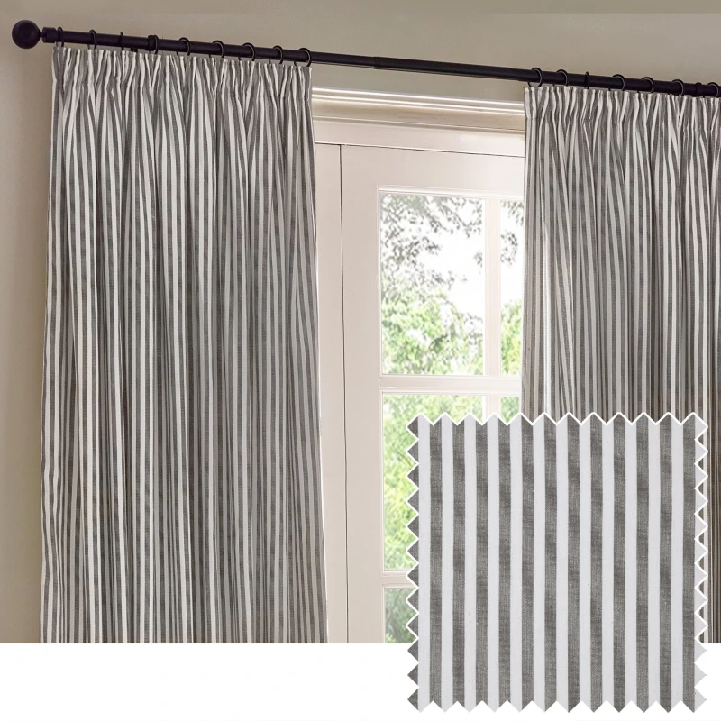 Image of Yard Hebden Striped Cotton Ready Made Pencil Pleat Curtains Grey